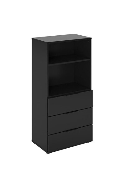Fmd Comodă cu 3 sertare și rafturi deschise, negru