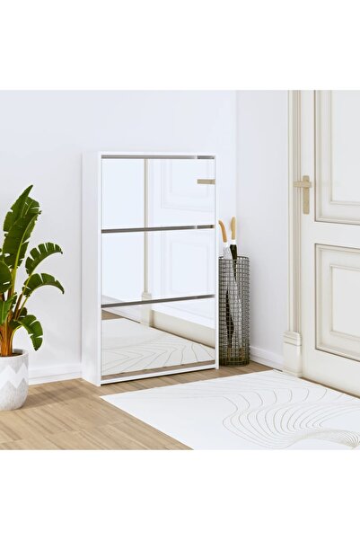 Concept Pantofar cu oglindă, 3 niveluri, Alb extralucios, 63x17x102,5cm