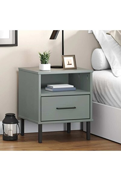 Concept Noptieră cu picioare metalice „OSLO”, gri, lemn masiv pin