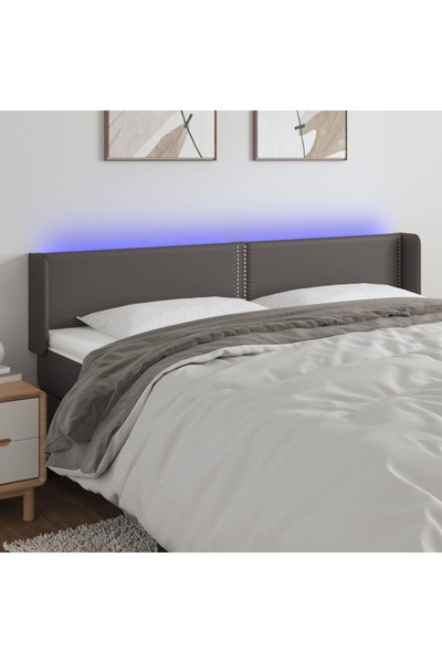 Concept Tăblie de pat cu LED, gri, 203x16x78/88 cm, piele ecologică