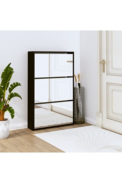 Concept Pantofar cu oglindă, 3 niveluri, Negru, 63x17x102,5 cm