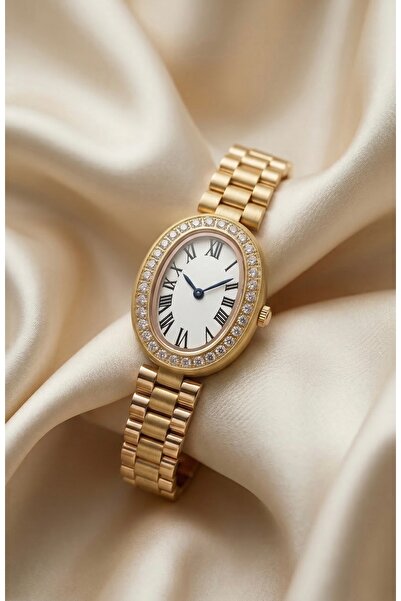KLISHE Butik Women's Steel Watch Gold Color Oval Case Stone Inlaid Vintage Lu...