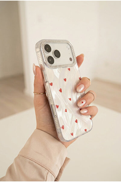 KVK PRİVACY iPhone 17 Pro Kırmızı Kalpli Kılıf Taşlı Kamera Çerçeveli Estetik...