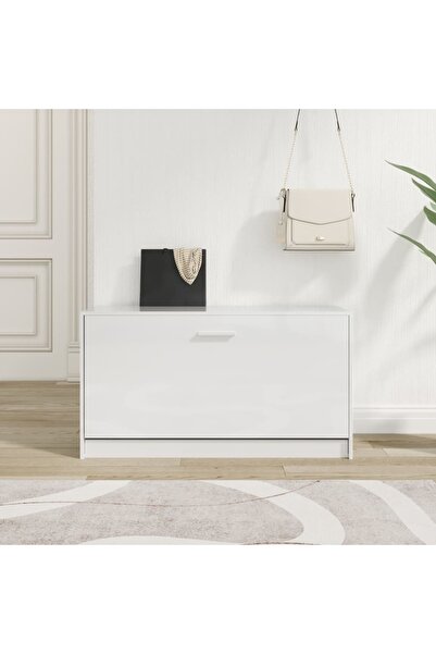 Concept Bancheta pantofar, alb extralucios, 80x24x45 cm, lemn compozit