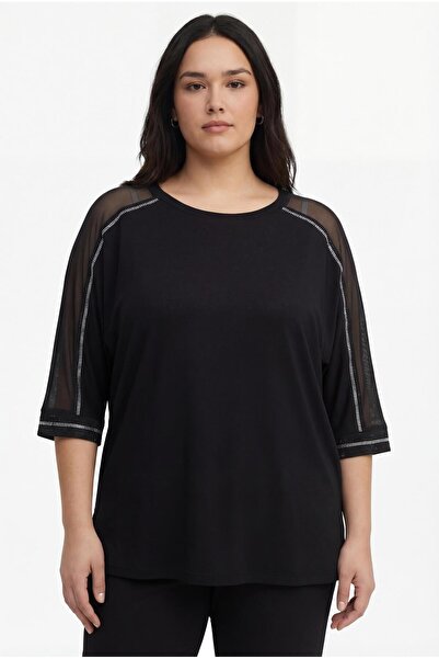 Ebsumu Women's Plus Size Tulle Black Blouse with Stone Detail