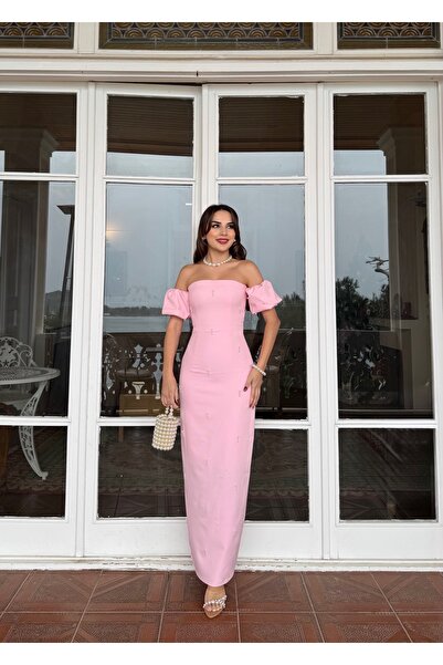 İZYA Stylish Strapless Long Evening Dress – Evening Gown with Pearl Detailing