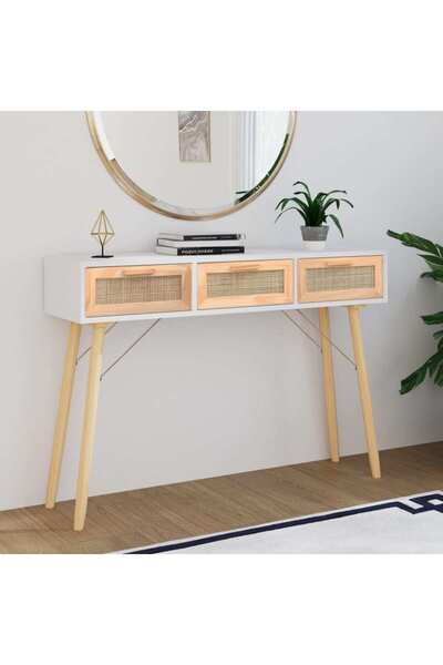 Concept Λευκό τραπέζι κονσόλας 105x30x75 εκ. από μασίφ ξύλο πεύκου και ρατάν