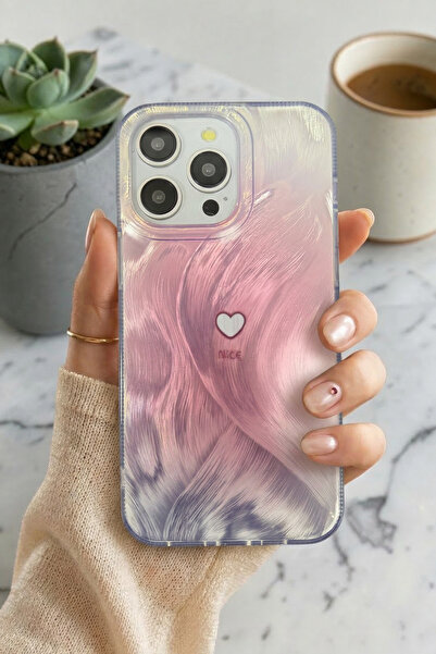 KVK PRİVACY iPhone 16 Pro Uyumlu Pembe Tüylü Dalga Desenli Küçük Kalp Tasarım...