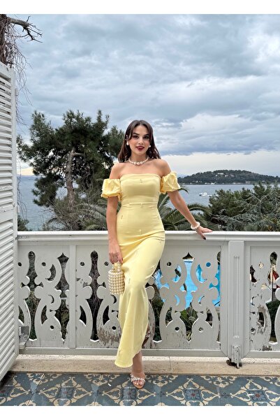 İZYA Stylish Strapless Long Evening Dress – Evening Gown with Pearl Detailing
