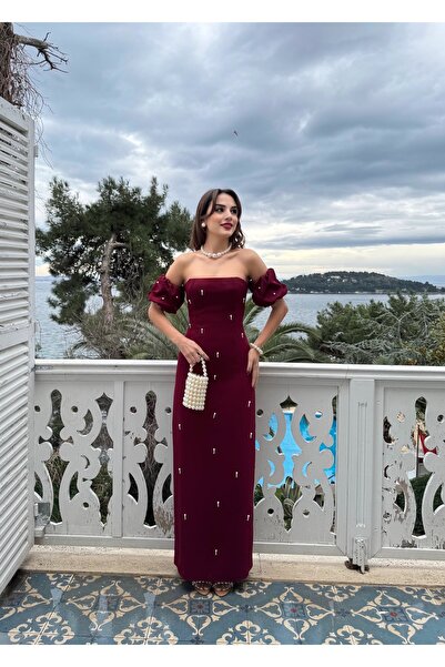 İZYA Stylish Strapless Long Evening Dress – Evening Gown with Pearl Detailing