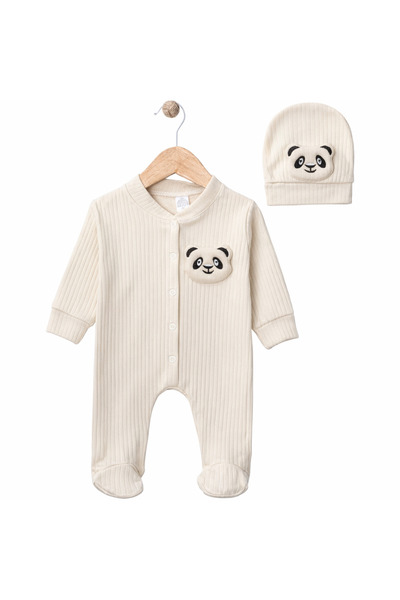 BabyMed %100 Pamuk İkili Bebek Tulum ve Şapkalı Set / Panda Desenli Önden Çıt...