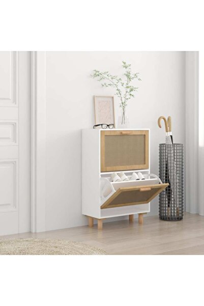 Concept Pantofar, alb, 52x25x80 cm, lemn prelucrat și ratan