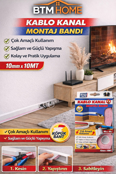 btm home Çift Taraflı Montaj Bandı Kablo Kanal Bandı Güçlü Yapışkan Duvar Sab...