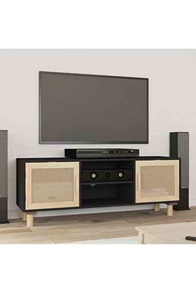 Concept Comodă TV, negru, 105x30x40 cm lemn masiv pin și ratan