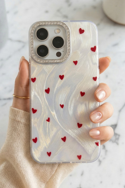 KVK PRİVACY iPhone 16 Pro Max Kırmızı Kalpli Kılıf Taşlı Kamera Çerçeveli Est...