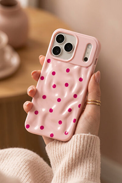 KVK PRİVACY iPhone 17 Pro Dalgalı Desenli Pembe Puantiyeli Silikon Kılıf Şık ...