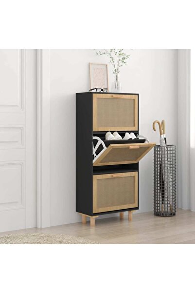 Concept Pantofar, negru, 52x25x115 cm, lemn prelucrat și ratan