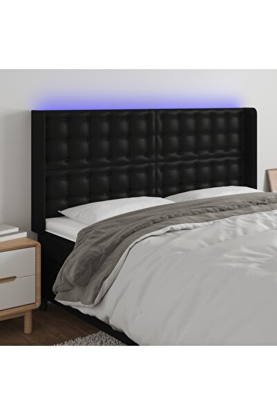 Concept Tăblie de pat cu LED, negru, 147x16x118/128 cm, piele ecologică