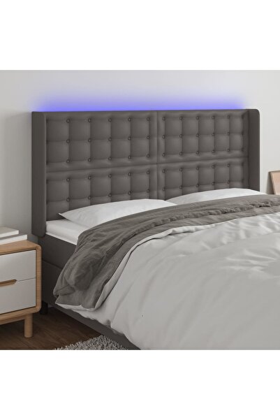 Concept Tăblie de pat cu LED, gri, 183x16x118/128 cm, piele ecologică