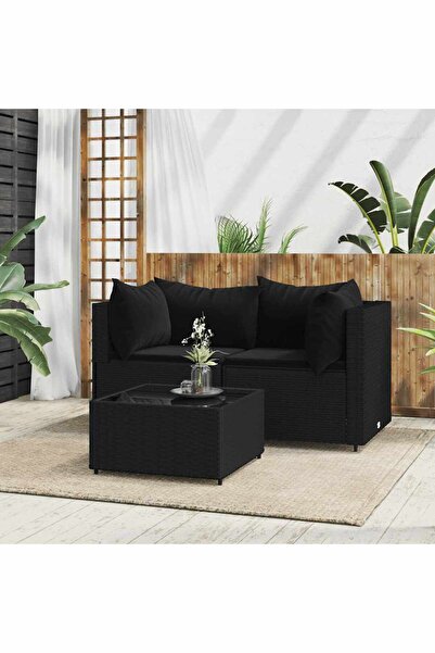 Concept Σετ επίπλων κήπου 3 τεμαχίων με μαξιλάρια, μαύρο, πολυρατάν