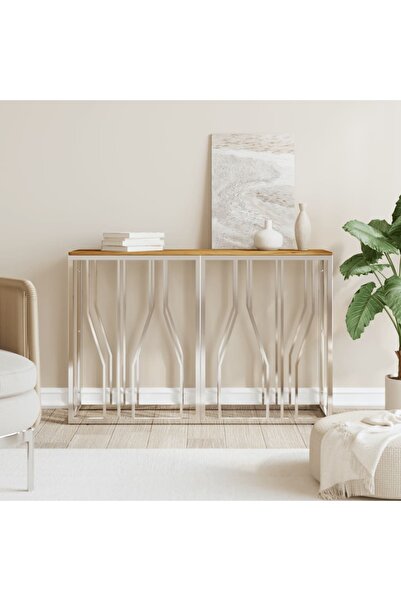 Concept Τραπεζάκι σαλονιού, ασημί, ανοξείδωτο ατσάλι και μασίφ ξύλο ακακίας