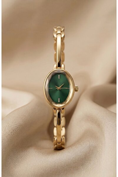 KLISHE Butik Women's Steel Watch Gold Color Green Dial Oval Case with Stones ...