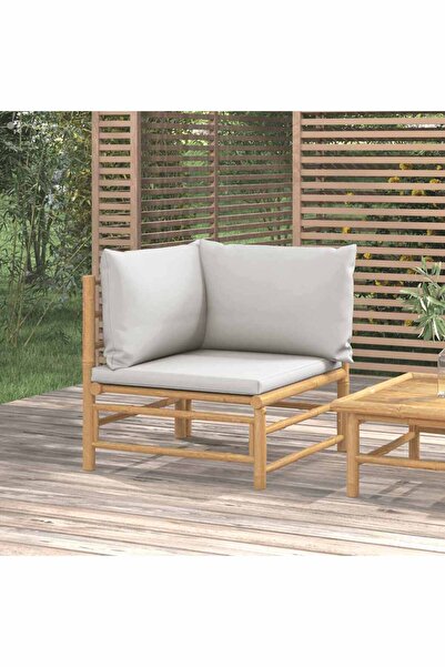 Concept Γωνιακός καναπές κήπου, μαξιλάρια σε ανοιχτό γκρι χρώμα, Μπαμπού