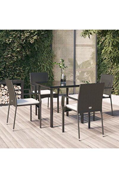 vidaxl Garden furniture set with cushions, 5 pieces, black, polyrattan
