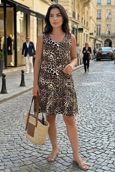 AYASOFYA OTANTIK Women's Beige Button Detailed Pocket Sleeveless Midi Dress