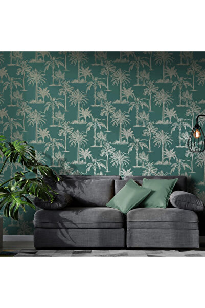 DUTCH WALLCOVERINGS Ταπετσαρία Tropical Trees, Πρασινωπή Μπλε και Ασημί