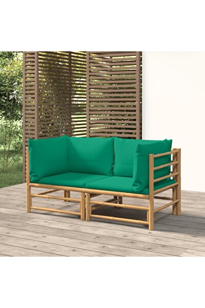 Concept Γωνιακοί καναπέδες κήπου, με πράσινα μαξιλάρια, 2 τεμ., Μπαμπού
