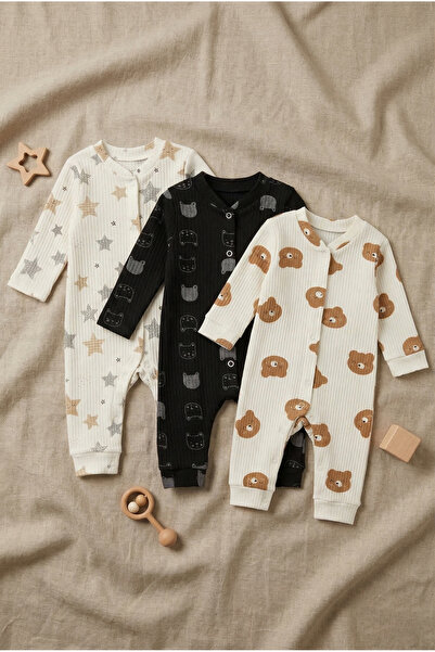 Noone Uniseks Bebek Ribana Pamuklu Tulum 3'lü Set - Ayı, Kedi ve Yıldız Desenli