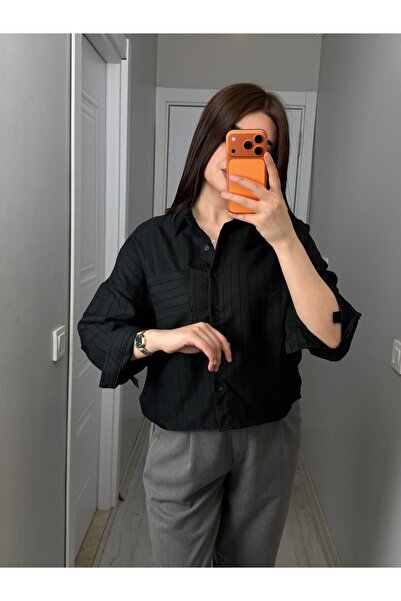 Alizstore Black Cropped Women's Shirt Buttoned Stylish Casual Blouse Shirt