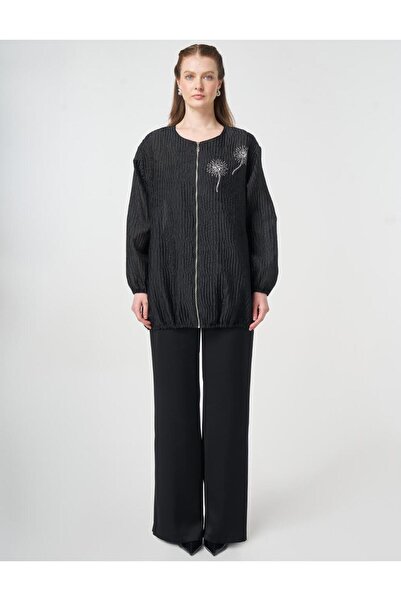 Kayra Hotfix Printed Embossed Jacket Black