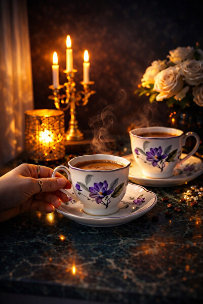 Kezze Porselen Kahve Fincanı 2'li Set - Çiçek Desenli Tabaklı Türk Kahvesi Fi...