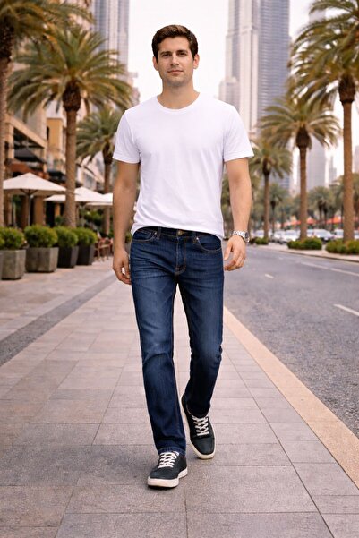 LSS Men’s Dark Indigo Narrow Straight Fit Denim Jeans – Faded Thigh Wash