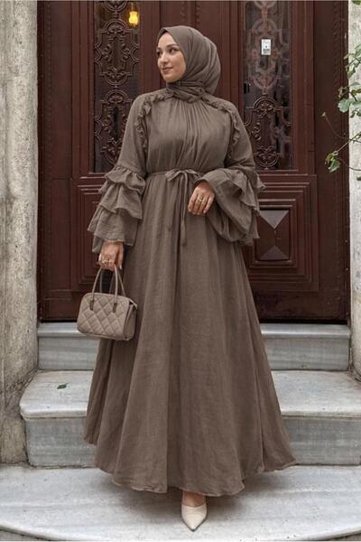 TRENDTESETTÜR KADIN KAHVE KUŞAKLI FIRFIRLI ELBİSE T 5532