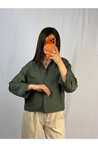 Alizstore Women's Khaki Striped Shirt Oversized Comfortable and Stylish Daily...
