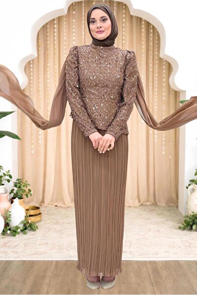 TRENDTESETTÜR KADIN VİZON KOLLARI UZUN TÜL DETAYLI ELBİSE T 3663