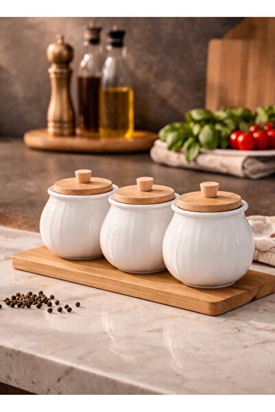 Pembelia Life 3’lü Bambu Standlı Porselen Baharatlık Set Baharat Saklama Kava...