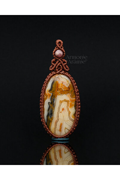 Armonie Arămie Micro-macrame pendant with yellow crazy lace agate and pink to...