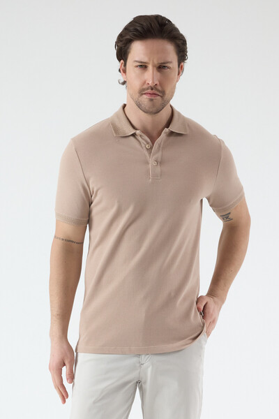 Frappoli Volfe Men's Beige 100% Cotton Collar Detail Piqué Knitted Stretch Fa...