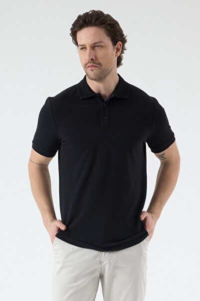 Frappoli Volfe Men's Black 100% Cotton Collar Detail Piqué Knitted Stretch Fa...