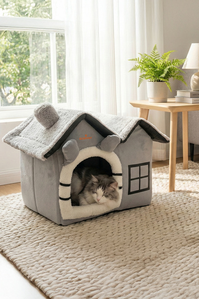 GOBYPET Kedi ve Küçük Irk Köpekler İçin Minderli Lüx Peluş Ev