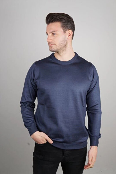 Generic Brand Men's crew neck sweater long sleeve woven knitwear - indigo