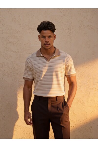 Valiberta Gert Relaxed Fit Striped Piqué Fabric V Pat Polo Neck T-Shirt - Beige