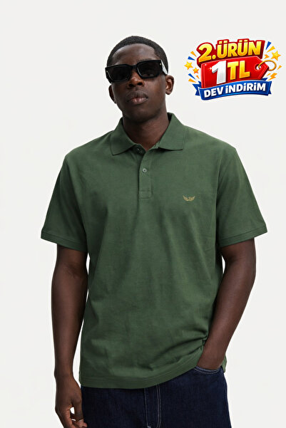 DAMGA JEANS Ανδρικό καλοκαιρινό φαρδύ μπλουζάκι με λαιμόκοψη πόλο σε χακί χρώμα