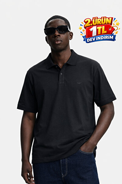 DAMGA JEANS Men's Summer Loose Black Polo Neck T-Shirt