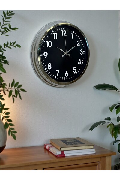 BY NEVSER Modern 40 Cm Metal Krom Standart Duvar Saati