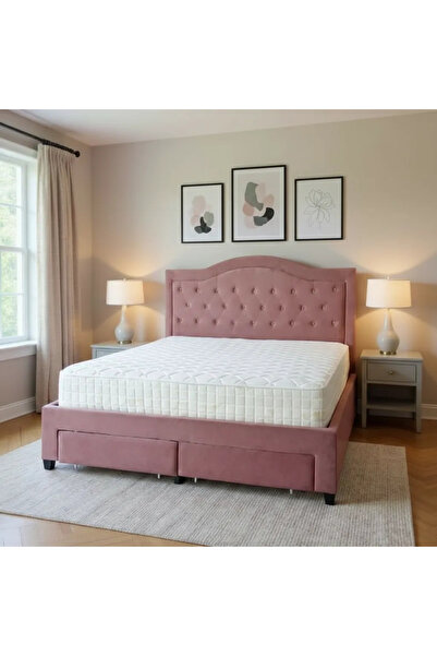 MarketMob Terasino Bed 160x200 cm Pink with 4 Drawers Velvet Upholstered